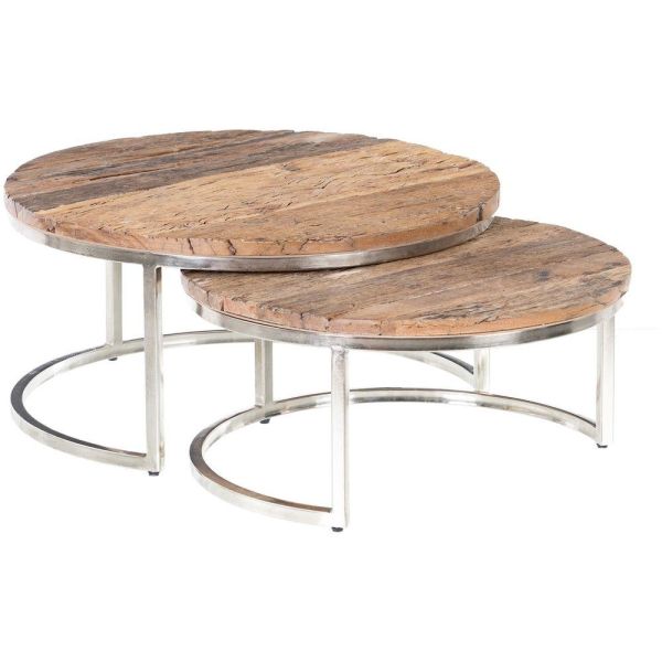 S/2 MAIN TABLE BROWN-SILVER WOOD-IRON 70 X 70 X 33 CM
