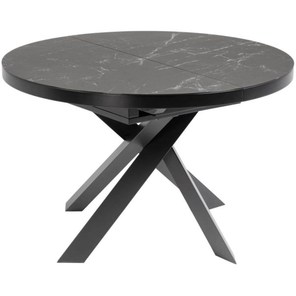 Vashti ausziehbarer runder Tisch Ø 120(160) cm Feinsteinzeugplatte und schwarze Stahlbeine